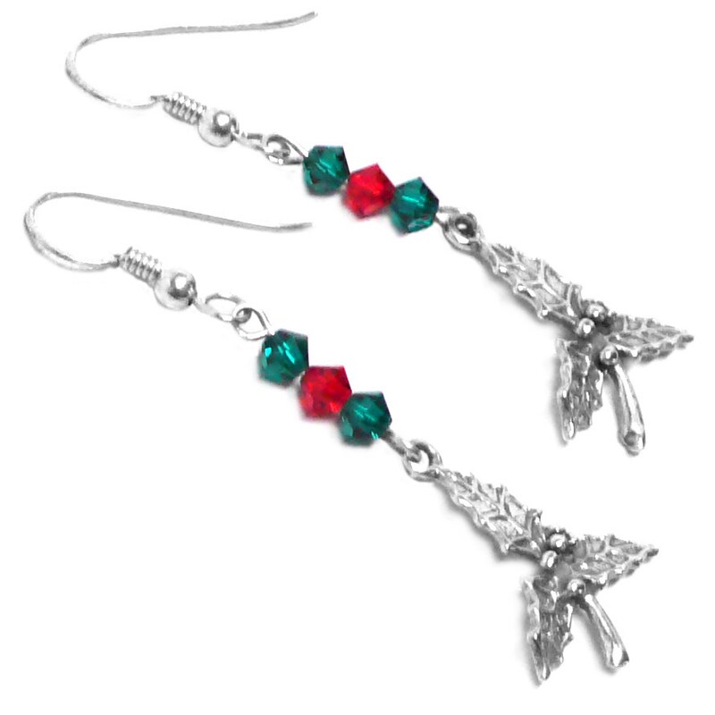 Sterling Silver Christmas Holly Charm Earrings Red Green Crystal